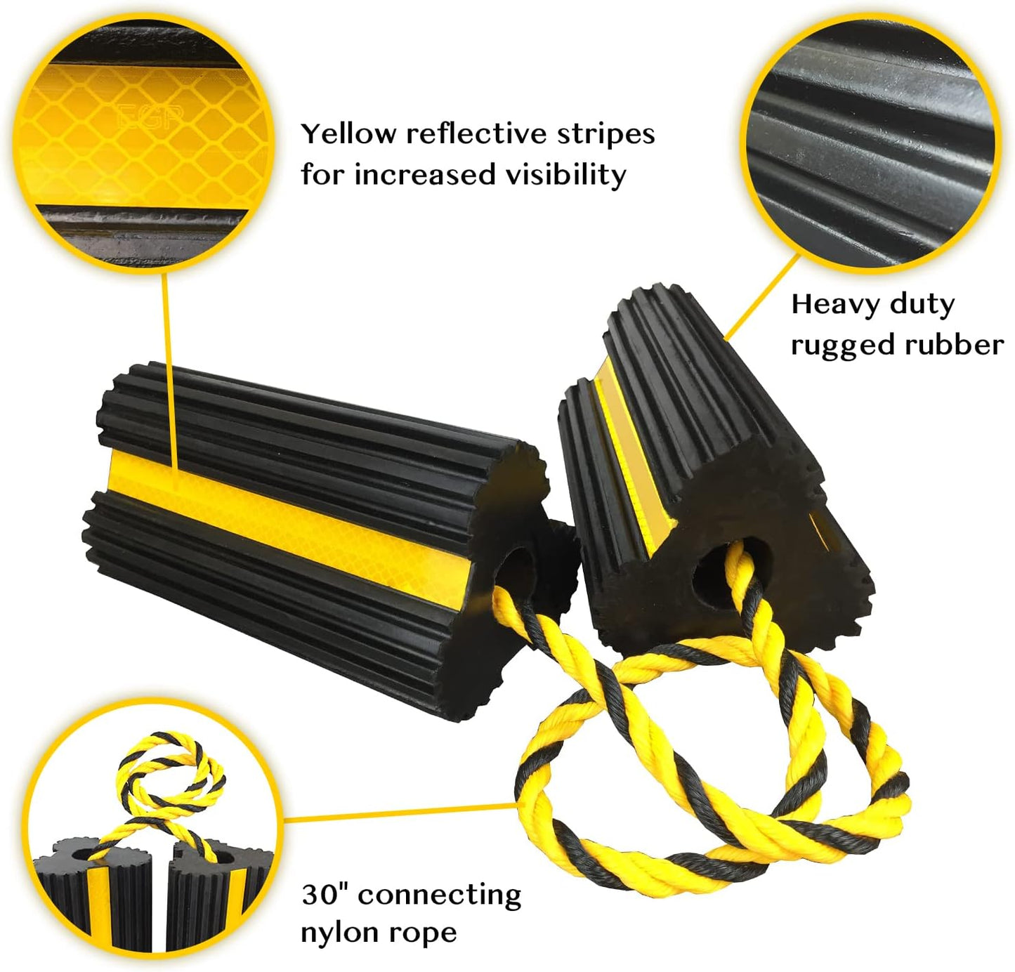 2 Pair Rubber Heavy Duty Dual Wheel Chocks Front and Back, RV Leveling Blocks Non Slip Base with Nylon Rope Yellow Reflective Tape for Travel Trailers, Car, Camper, Truck (4 Pack)
