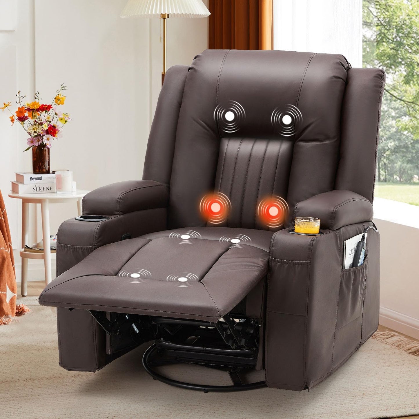 YODOLLA Massage Manual Recliner Chair with Heat, Leather Rocking Swivel Chair Lazy Boy Recliner Chair w/ 2 Side Pockages, 2 Cup Holders for Living Room, RV, Cream White