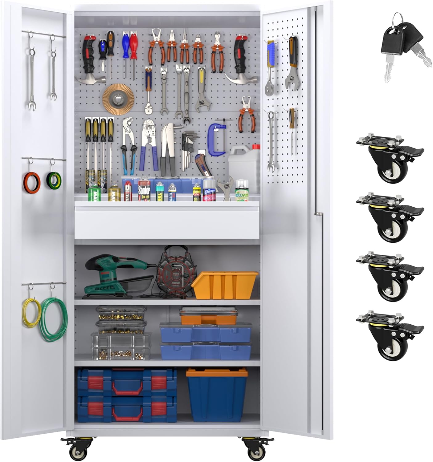 71" H Broom Storage Cabinet with Wheels and Doors,Rolling Tool Cabinet with Pegboard,Shelves and Rod for Garage Warehouse Home,Required Assembly,Black
