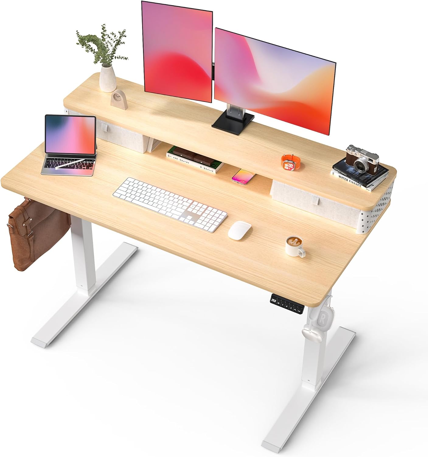 35x20 Inch Standing Desk with Double Drawers, C-Clamp Mount Compatible, Electric Adjustable Height Computer Stand Up Desks, Home Office Sit Stand Table with 3 Preset Heights & 2 Hooks, Black