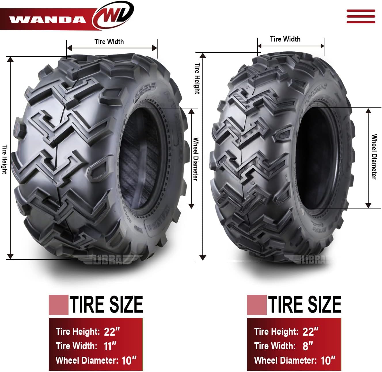 WANDA Set of 4 ATV UTV Tires 22x8-10 Front & 22x11-10 Rear 4PR