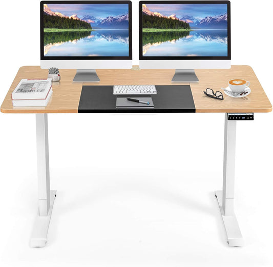 Tangkula 55 x 28 Inches Electric Standing Desk, Height Adjustable Stand Up Desk with Ergonomic Memory Controller, Dual Monitor Standing Desk for Study Room, Home, Office (Natural)