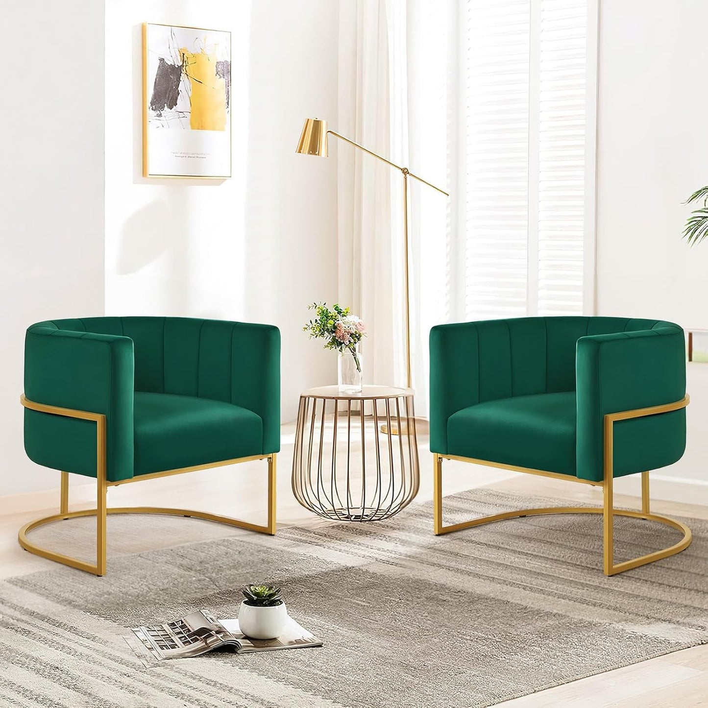 Velvet Accent Chairs, Mid Century Modern Upholstered Round Barrel Chair Metal Gold Stand Comfy Velvet Channel Tufting Armchair for Living Room, Bedroom, Office Easy Assemble (Navy Blue, Set of 2)