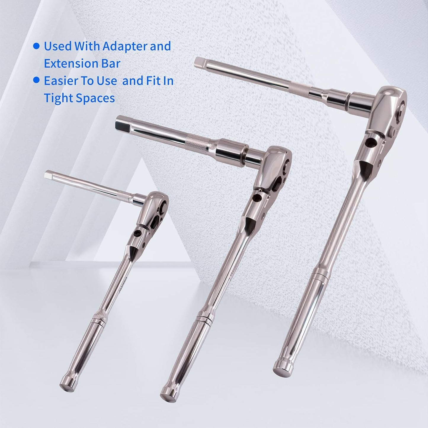10 Piece Flex Head Ratchet Set, 1/4", 3/8" and 1/2" Drive Swivel Head Ratchet Wrench with Extension Bar and 4pc Adapter, 72-Tooth Flexible Wrench Handle with Quick-Release Reversible Design