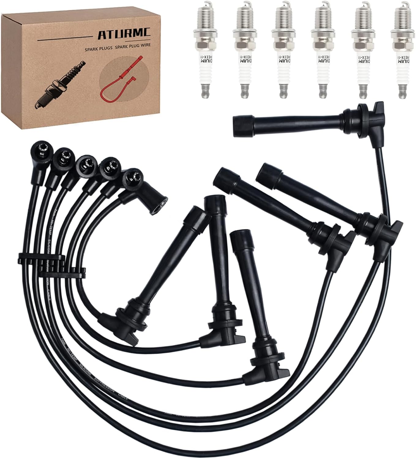 Set of 6 PCS Ignition Spark Plug Wires 671-6220 3878 RC-XX91 55803 27501-37B00 27501-37A00 & 6 Iridium Spark Plugs Set Compatible with Hyundai Tiburon Santa Fe Sonata Kia Magentis Optima 2.5L 2.7L V6