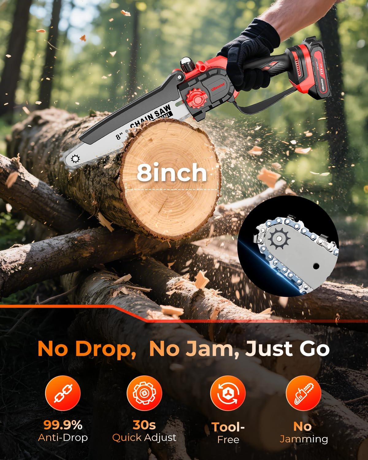 UBeesize Mini Chainsaw Cordless 8inch | Longer Runtime | Brushless Motor | Ergonomic Handle Design | Easy to Install | Professional Battery Chainsaw Perfect for Tree Trimming,Wood Cutting, Garden Work