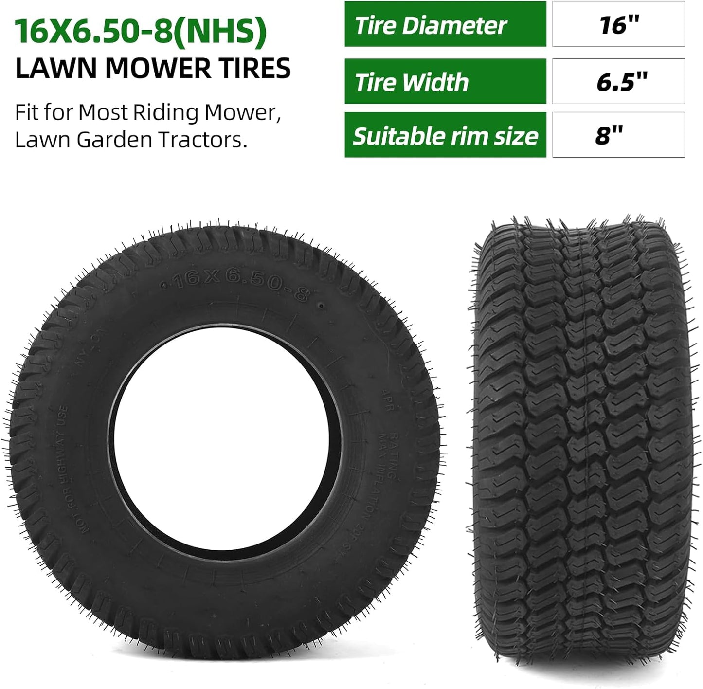 (2-Pack) 16x6.50-8 Tires - 4PR Durable Tubeless, Replacement Lawn Tractor Tires with Deep Ribbed Treads, Rim Not Included