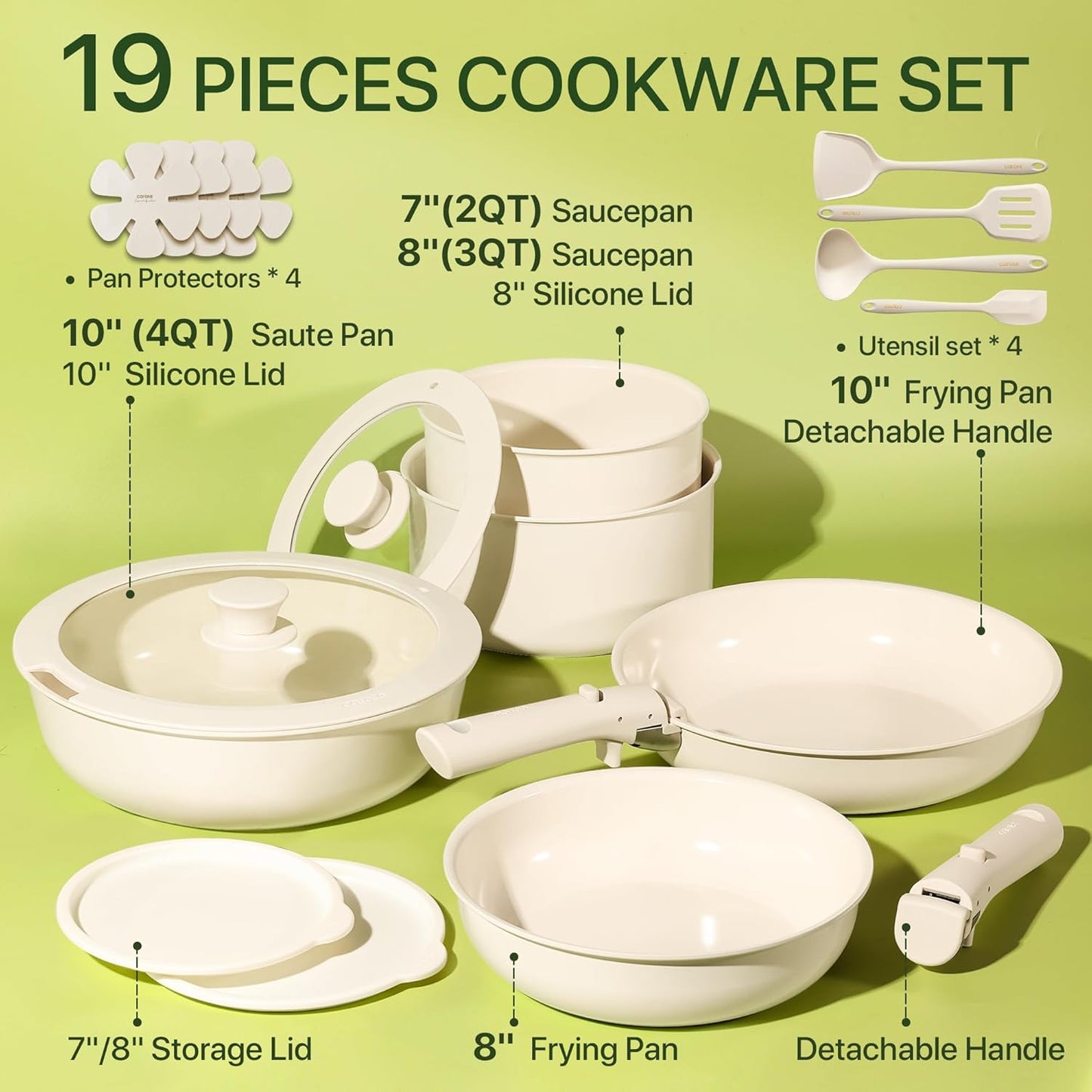 CAROTE 19pcs Pots and Pans Set Non Stick, Ceramic Cookware Sets, Oven/Fridge Safe, Space Saving Pots Set, Nonstick Cooking Set with Versatile Detachable Handle, Induction RV Set, Cream White
