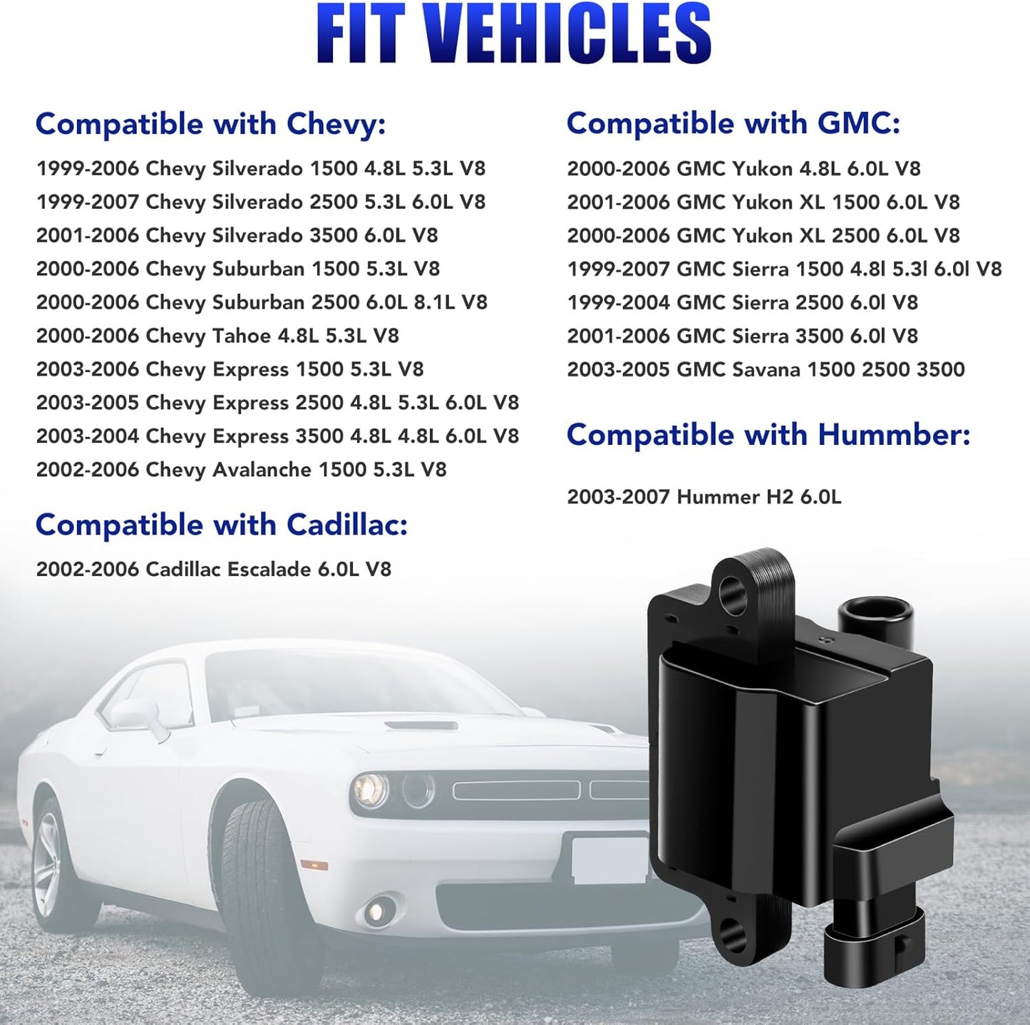Set of 8 Square Ignition Coil Pack for Chevy Silverado Avalanche Suburban Tahoe Express GMC Sierra Yukon 1500 2500 Escalade 2000 2001 2002 2003 2004 2005 2006 2007 4.8 5.3 6.0 Coils UF271 D581