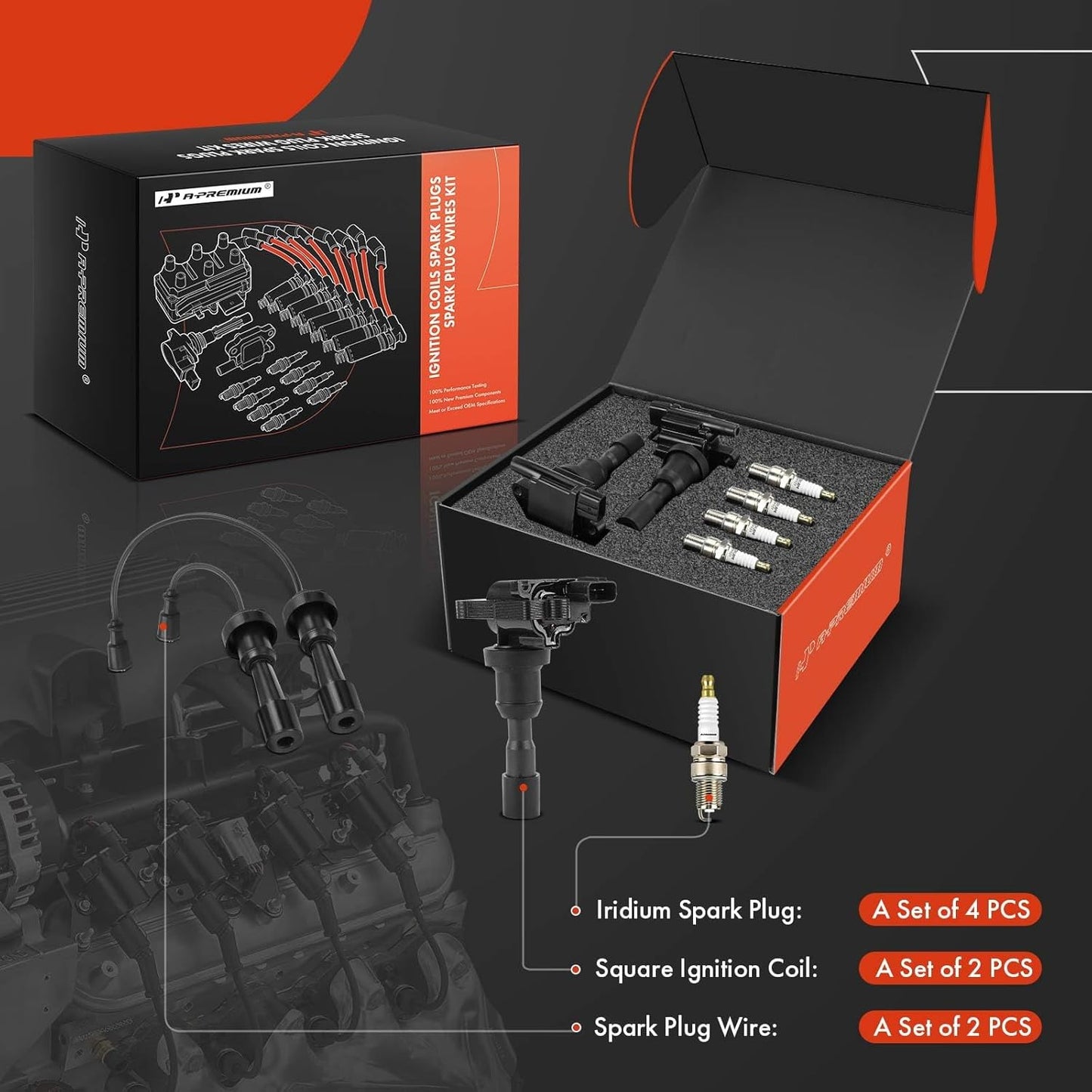 A-Premium 2 Ignition Coils with 2 Wire and 4 Iridium Spark Plugs Compatible with Mitsubishi Lancer 2004-2005 2.0L