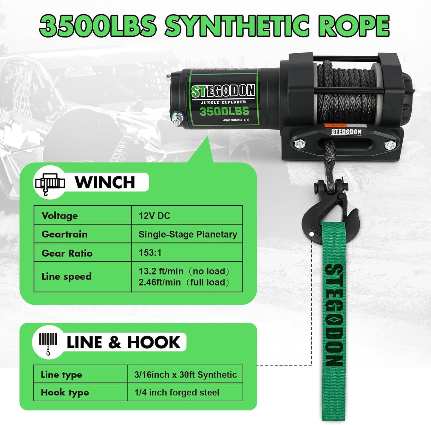 3500 lb Winch ATV UTV Electric Winch,12V Waterproof Winch Synthetic Rope Trailer Electric Winch with Wired Remote and Wireless Remote for ATV UTV Towing,Boat,Off-Road