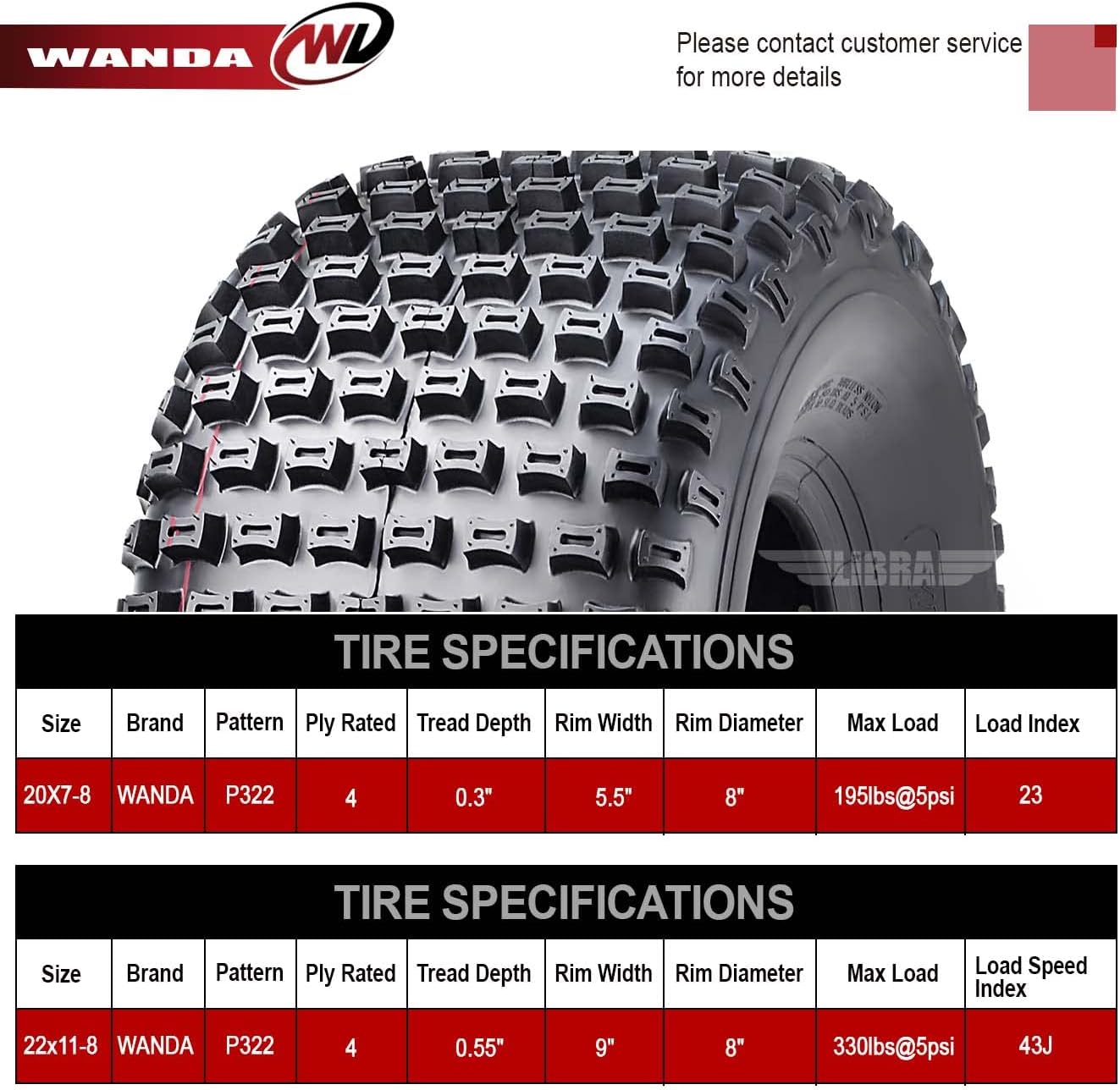 WANDA Set of 4 UTV ATV tires 20x7-8 20x7x8 Front & 22x11-8 22x11x8 Rear 4PR