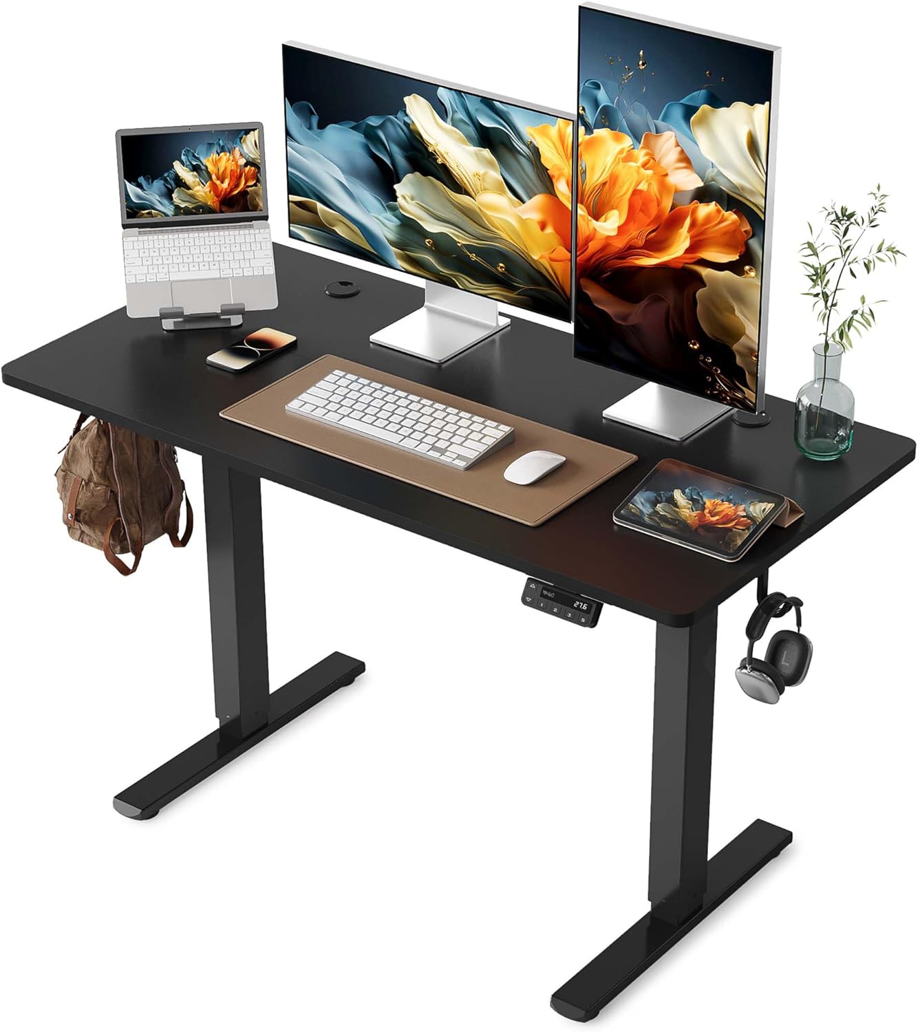 YIHAYO Electric Standing Desk, 48 x 24 Inches Stand Up Desk with Splice Board, Adjustable Height Desk, Computer Desk for Home Office, Black Frame/Rustic Brown Top