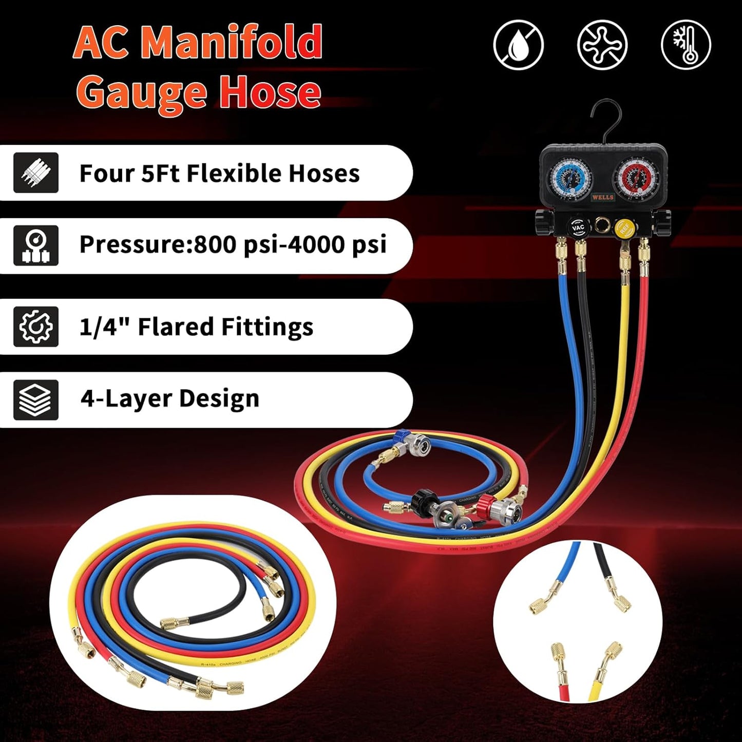 Wells AC Gauge Set HVAC Tools R410a R134a R32 R22 Refrigerant for Home 4 Way AC Diagnostic Manifold Gauge Set with 5ft Hoses, Couplers Puncture, Can Tap, Works on Car Freon Charging and Evacuation