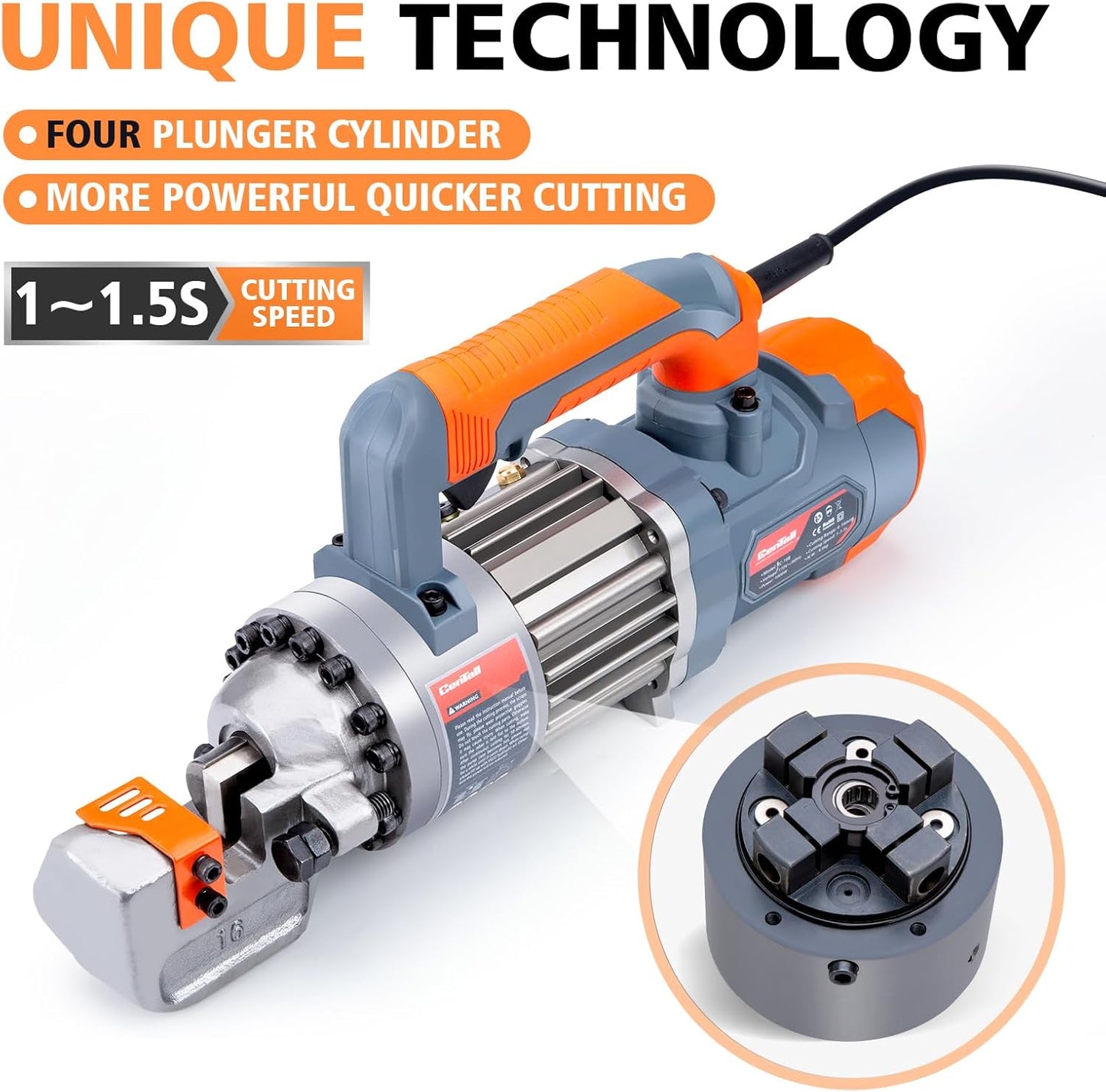 5/8 Inch Electric Hydraulic Rebar Cutter, Portable Rebar Cutter, Cutting up to 4-16mm #5 Rebar, Cutting Speed 1-1.5S 1000W RC16B (Grey + Orange)