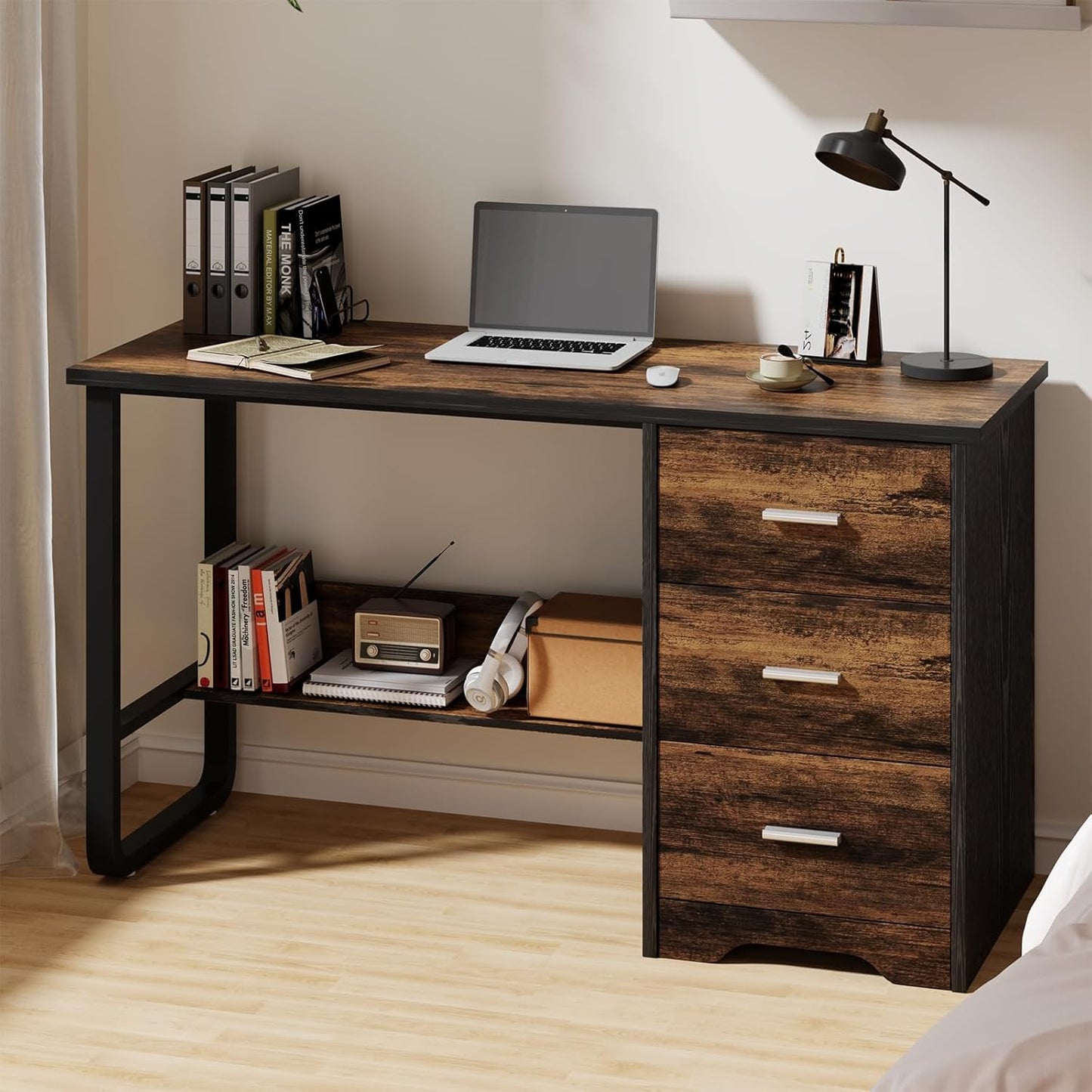 White Desk with 3 Drawers, 47 Inch Computer Desk with Drawers for Bedroom, Small Home Office Desk with File Cabinet, Bottom Shelves for Small Spaces