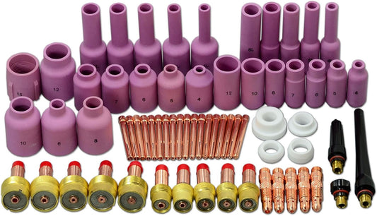 RIVERWELD TIG Jumbo Gas Lens Collet Body Alumina Nozzle Ceramic Cups Assorted Size Kit Fit QQ300 PTA DB SR WP 17 18 26 TIG Welding Torch 67pcs