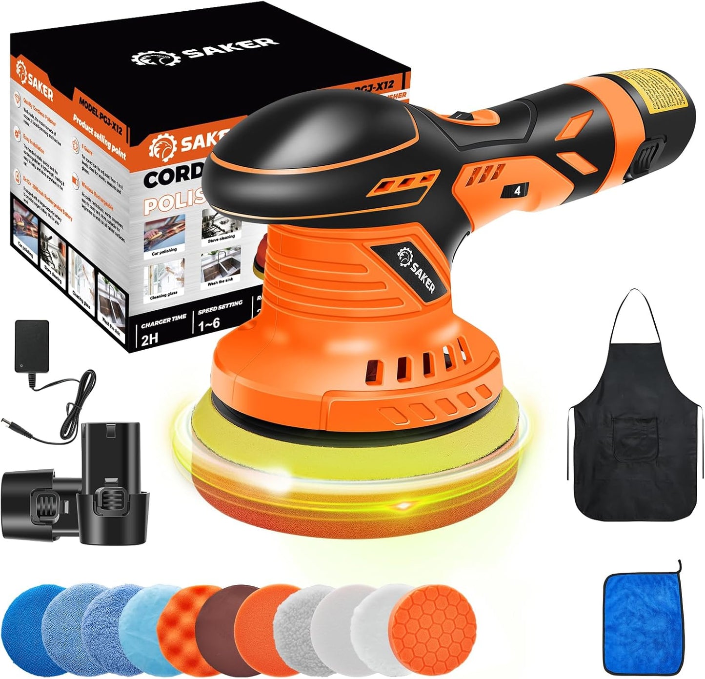Saker Cordless Buffer Polisher, 6 Inch Fast Charging Portable Car Polishing Kit with 2PCS 12V 2000mAh Batteries, Polisher for Car Detailing Polishing Waxing (Orange, Buffer Polisher+2 Batteries+1 Bag)