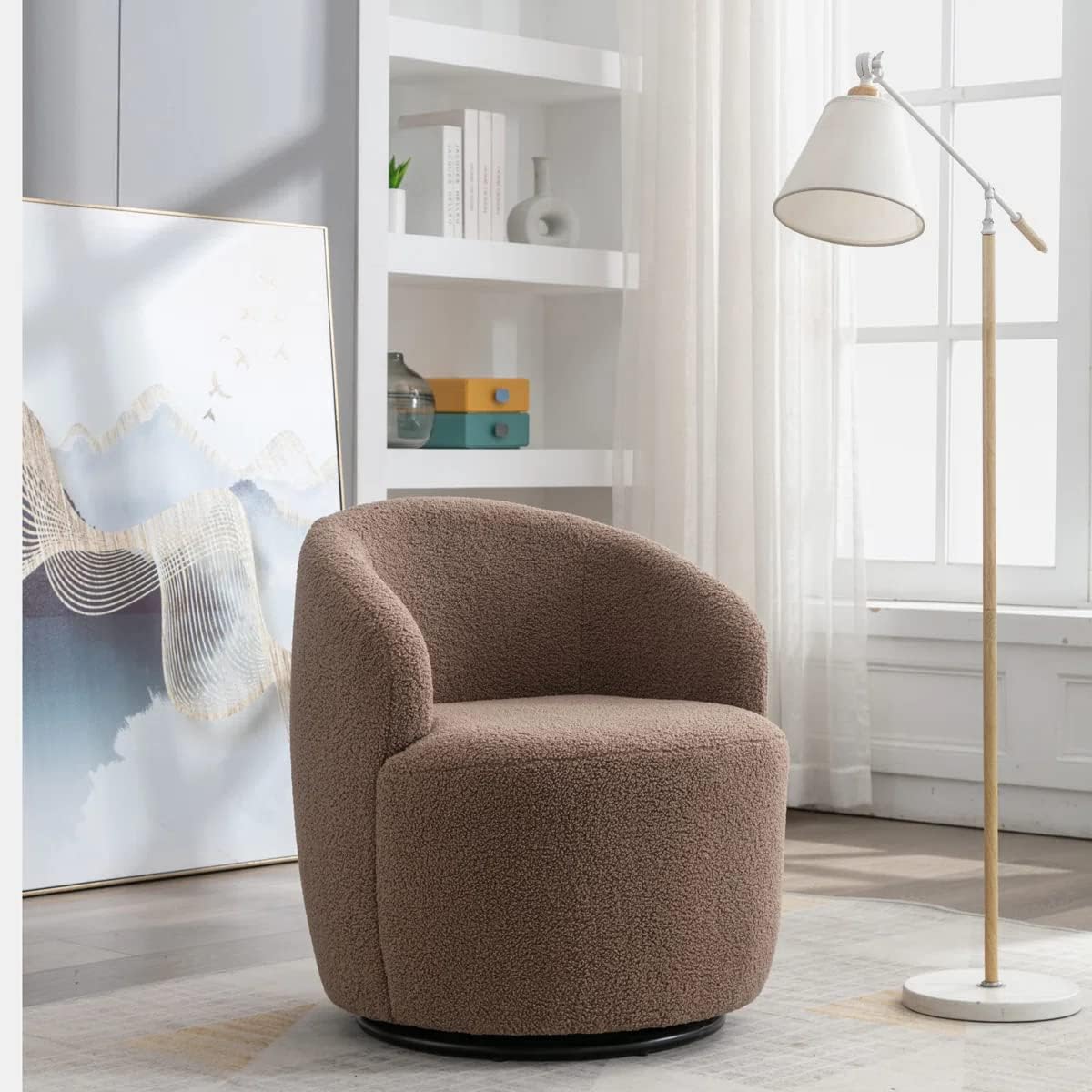 Set of 2 Teddy Fabric Swivel Accent Barrel Chair Armchair Upholstered Cozy Club Leisure Chair Single Sofa Reading Chair for Living Room Bedroom Conversation Areas Small Space (Coffee)