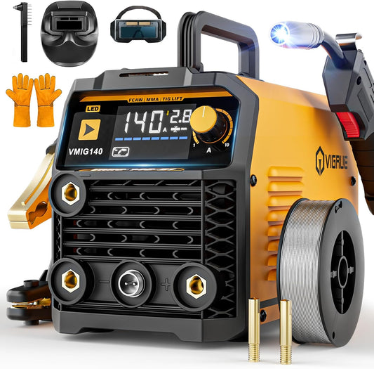 VIGRUE 140A MIG Welder, 110V IGBT Inverter Welder, Flux Core MIG/Lift TIG/Stick/MIG 3 in 1 Welding Machine with Synergic Control, LED Display & Full Kit (Welder Helmet, Gloves)