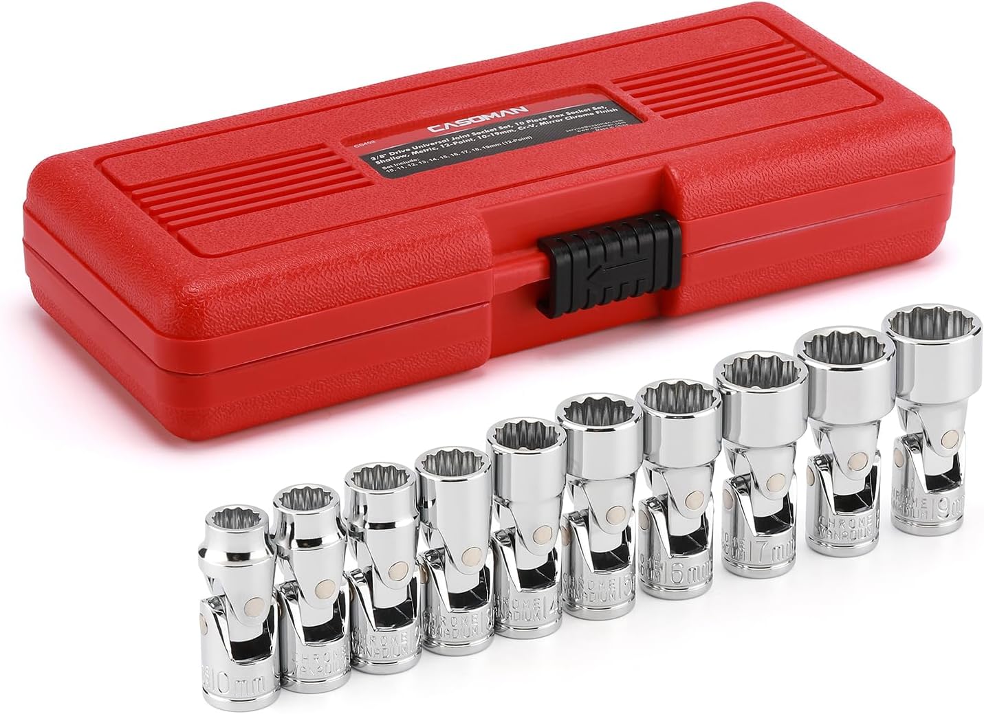 CASOMAN 17PCS 3/8" Drive Universal Flex Socket Set, SAE&Metric, 3/8" to 3/4", 10mm to 19mm, 6-Point, CR-V, Swivel Head, 360 Degree Access
