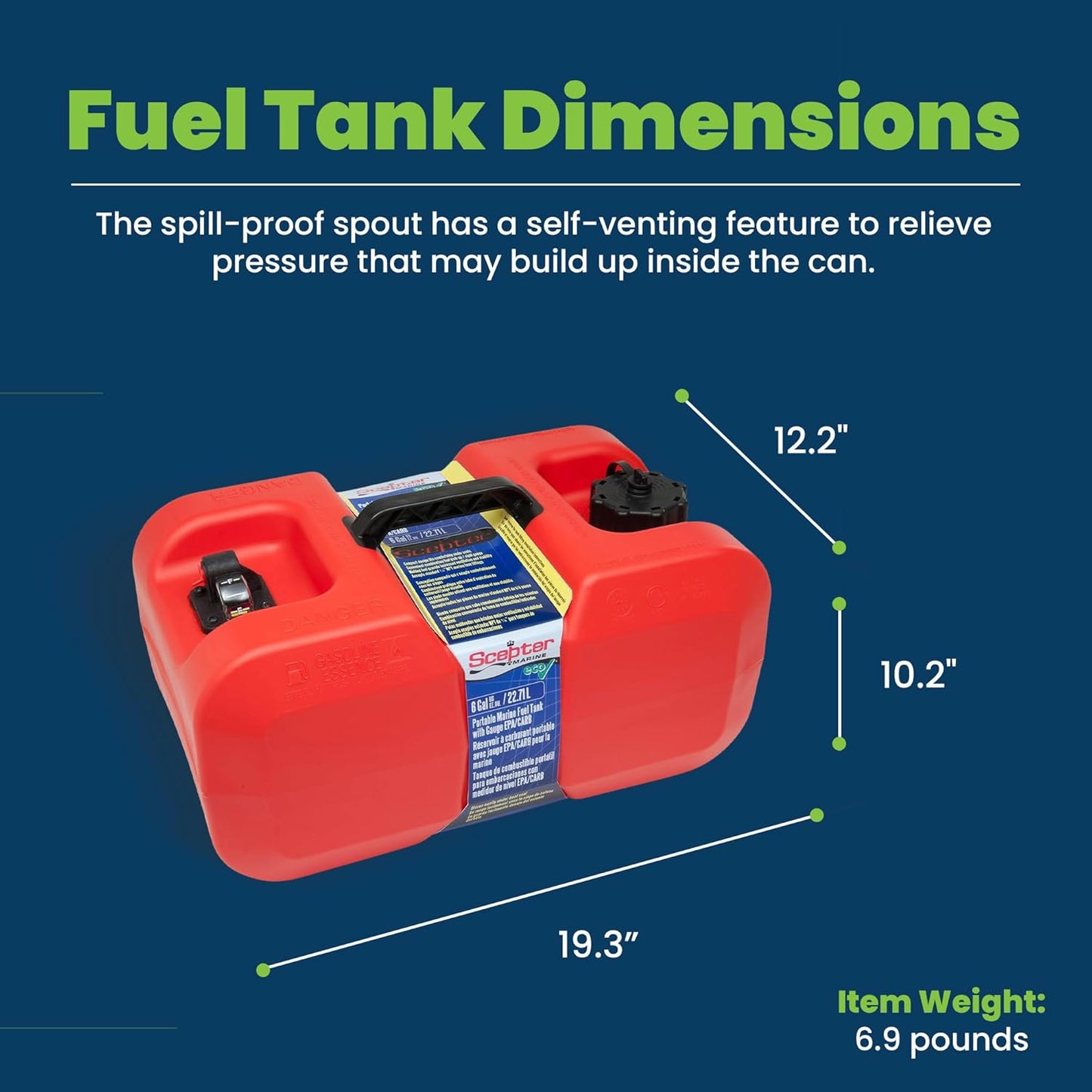 Scepter 6 Gallon Portable Marine Gas Can, Boat Fuel Tank with 2-Way Vented Cap, Built-In Fuel Gauge and Pick-Up, Top Handle, EPA & CARB Compliant, Underseat Design, 19.3"L x 12.2"W x 10.2"H (10511)