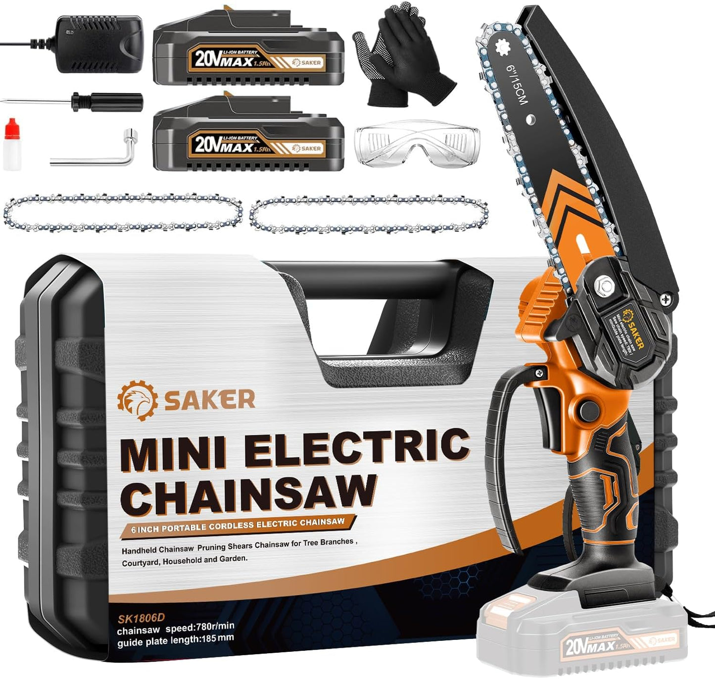 Saker Mini Chainsaw,6 Inch Portable Electric Chainsaw Cordless, Small Handheld Chain saw for Tree Branches,Courtyard, Household and Garden,Christmas Gifts for Men Dad Husband Women