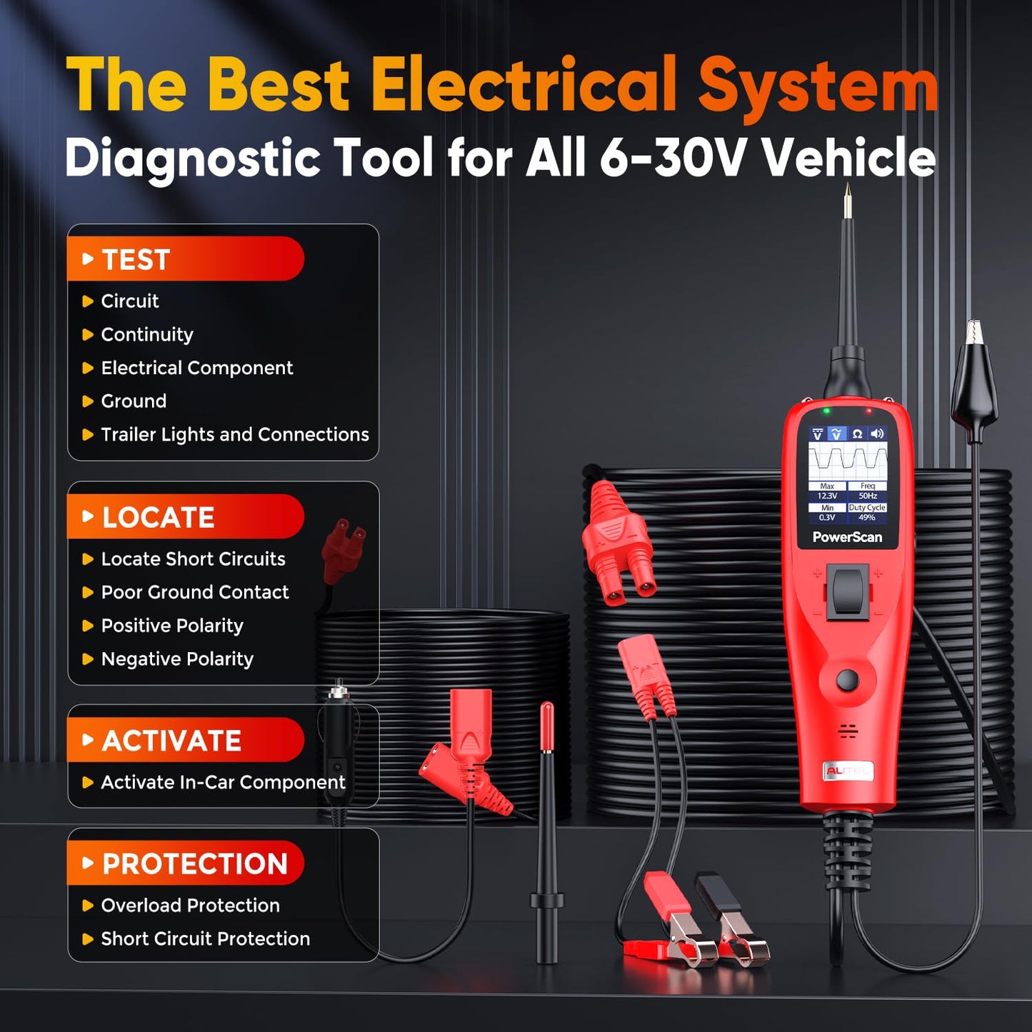 2025 Autel PowerScan PS100 Power Circuit Probe Kit, 12V 24V Automotive Electrical Wire Tracer Circuit Relay Tester, Open Breaker Short Find Tool, Read AC DC Resistance, Activate Component, 40ft Cable