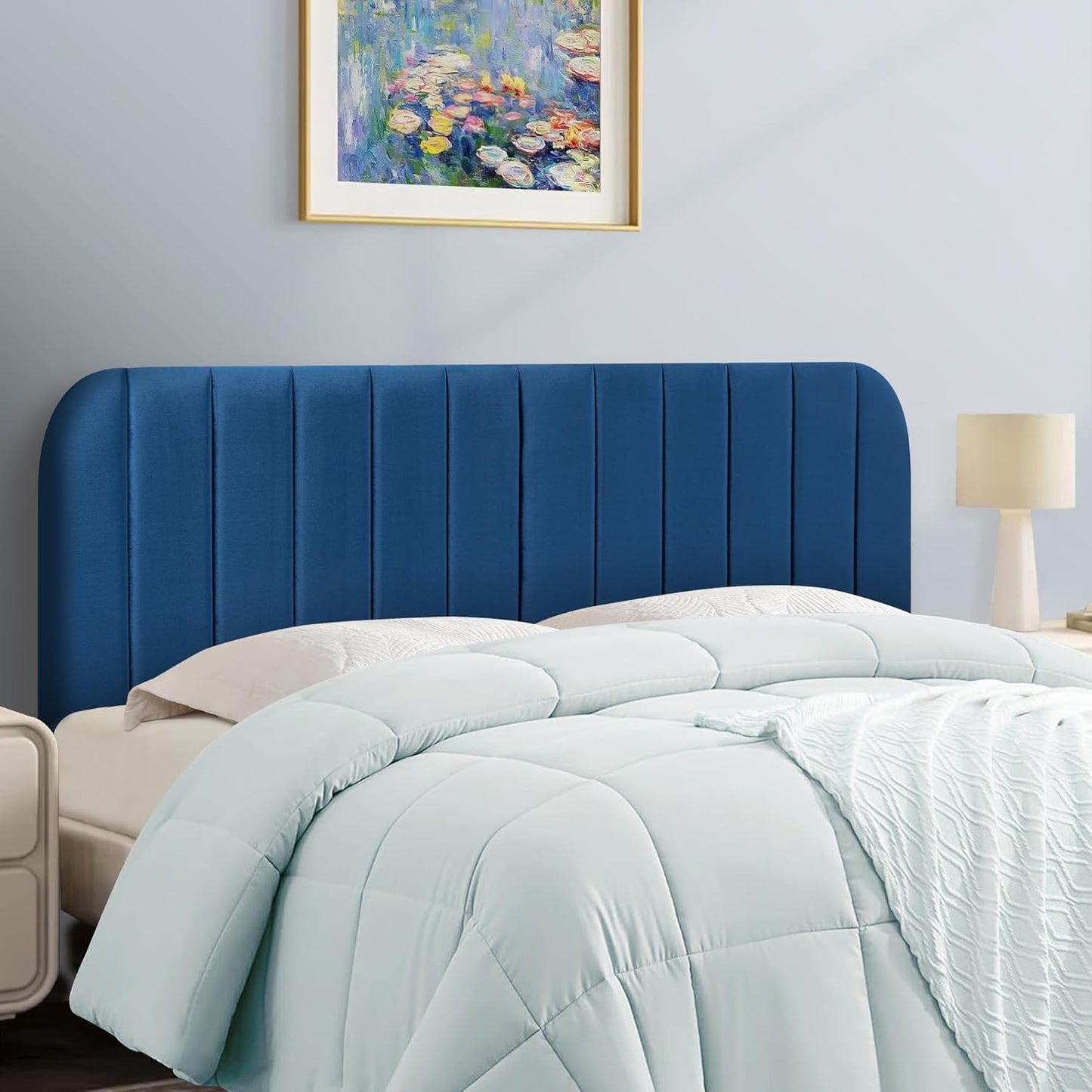 Upholstered Headboard - Striped Interval - Adjustable Height - Metal Legs - Bed Frame (Beige, Queen (U.S. Standard))