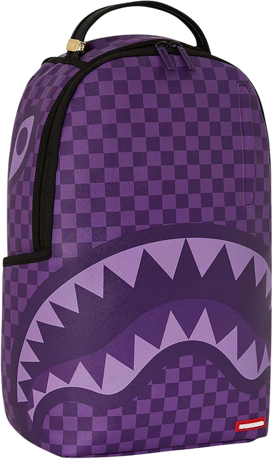Sprayground Purple Shark Backpack, 18x6x11.5 Inches, Durable Water-Resistant Faux Leather, Laptop Compartment, Ergonomic Padding, Gold Hardware