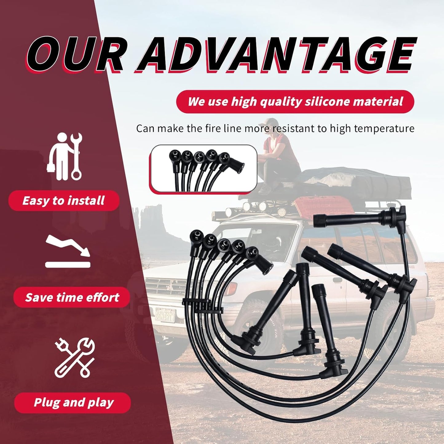 Set of 6 PCS Ignition Spark Plug Wires 671-6220 3878 RC-XX91 55803 27501-37B00 27501-37A00 & 6 Iridium Spark Plugs Set Compatible with Hyundai Tiburon Santa Fe Sonata Kia Magentis Optima 2.5L 2.7L V6