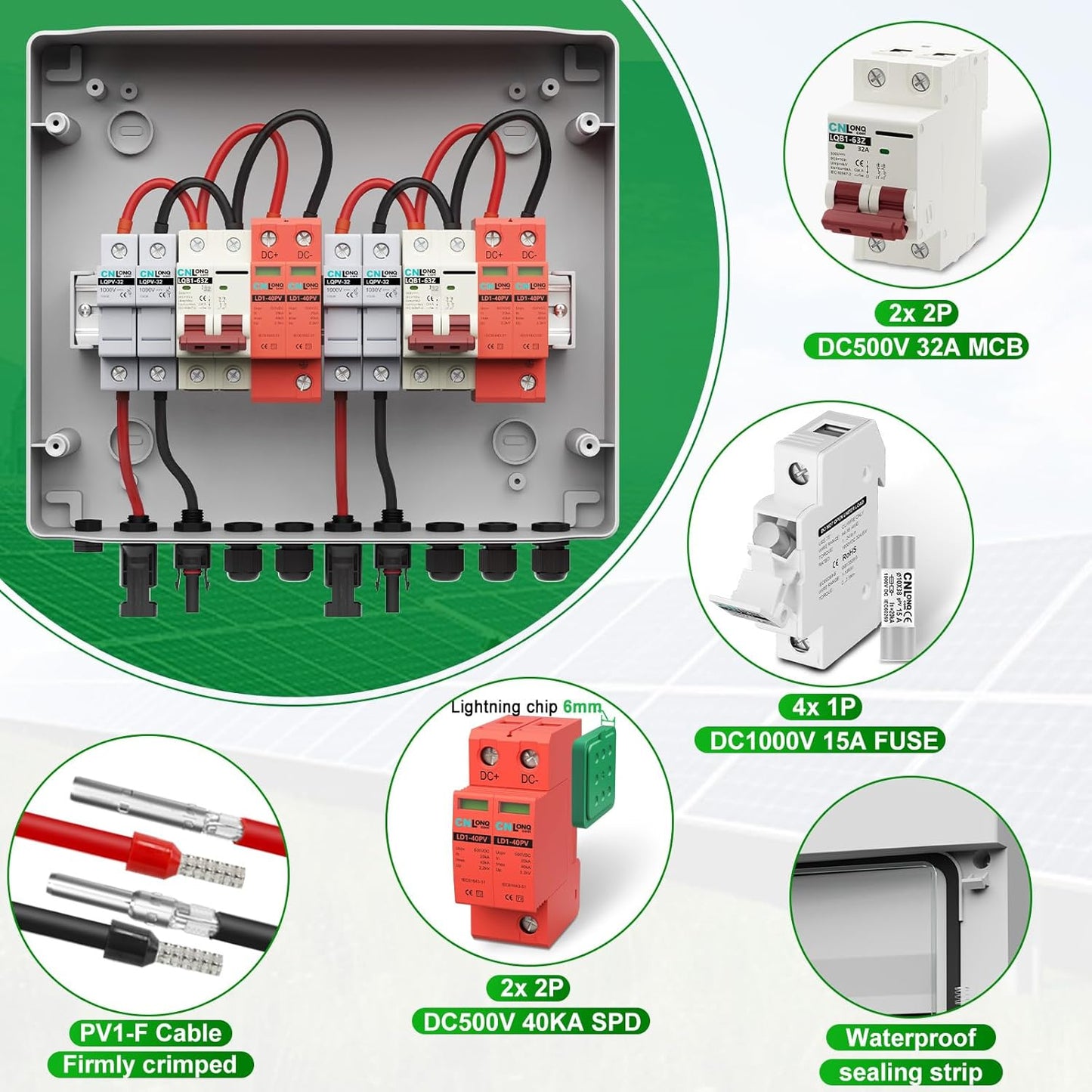 2 String Solar PV Combiner Box 2 in 2 Out IP65 DC500V 32A Circuit Breaker with Surge Protector and 15A PV Fuse,Solar Disconnect Switch Outdoor Waterproof for Solar Panels System