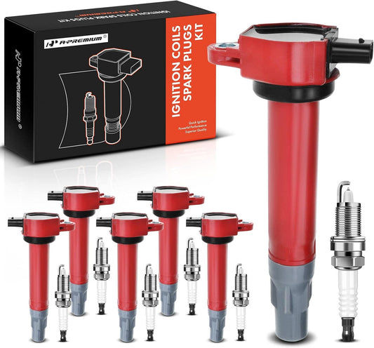 A-Premium Set of 6 (Red) Ignition Coil Pack Iridium Spark Plug Compatible with Chrysler 300 2006-2010, Sebring 2006-2010, Town & Country 2008-2010 & Dodge Avenger 2008-2010