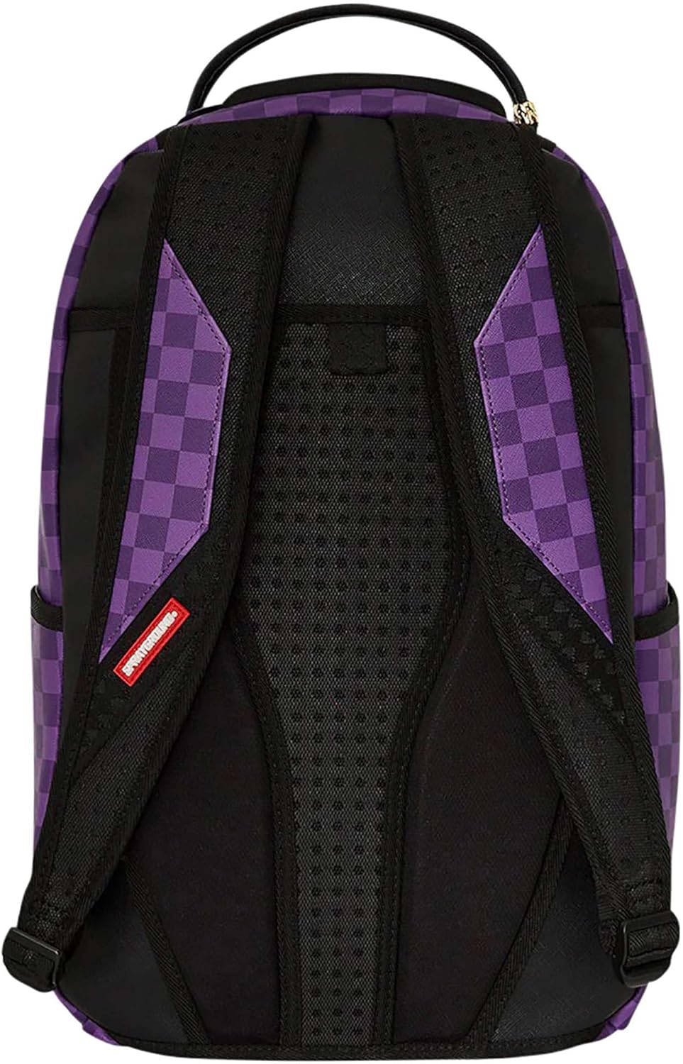 Sprayground Purple Shark Backpack, 18x6x11.5 Inches, Durable Water-Resistant Faux Leather, Laptop Compartment, Ergonomic Padding, Gold Hardware