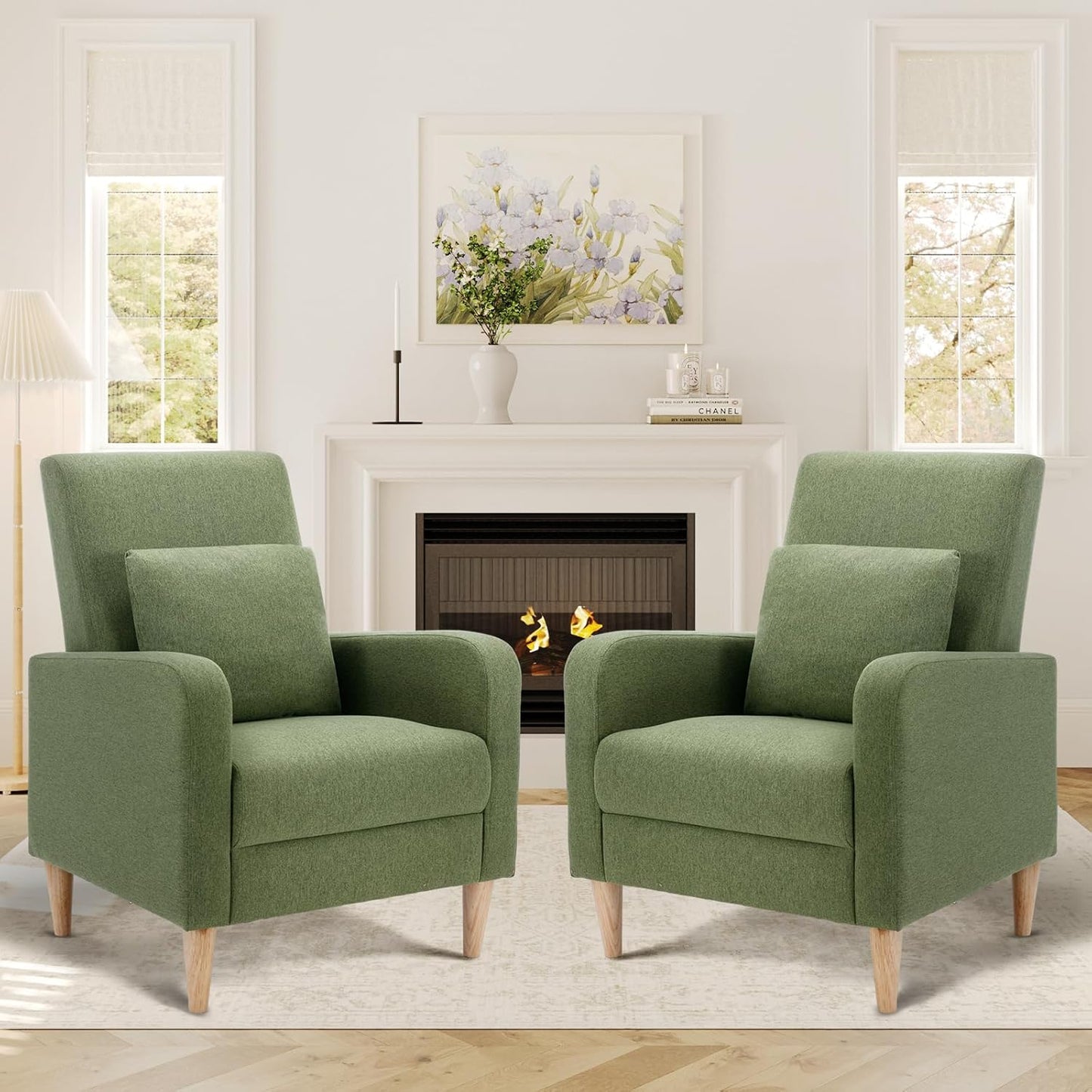 COLAMY Fabric Accent Living Room Chairs Set of 2, Upholstered Arm Chair Reading Side Chair, Single Sofa with Back Pillow and Wood Legs, Blue