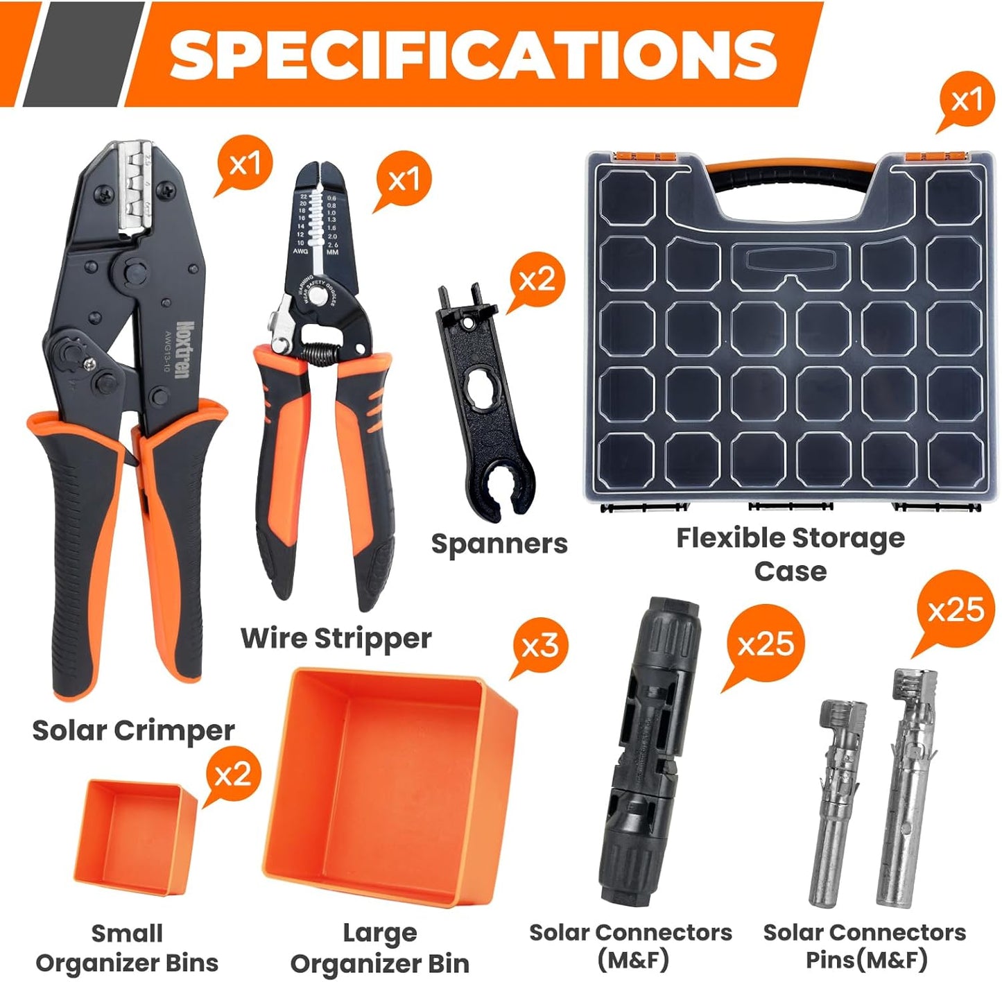 30PCS Solar Crimper Tool Kit - Crimping Tool, Wire Stripper, 25 Pairs Solar Connectors, Suitcase, and 2 Spanner Wrenches for Solar Panel Cable Assembly