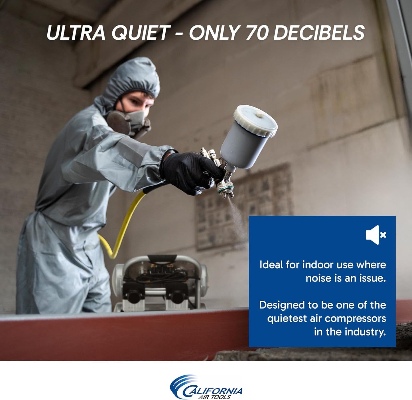 California Air Tools 4620AC Powerful 2.0 HP Ultra Quiet and Oil-Free Air Compressor, 4.6 Gallon Tank Capacity, 70 dB Noise Level, Electric, Portable, 110v / 60hz, Silver