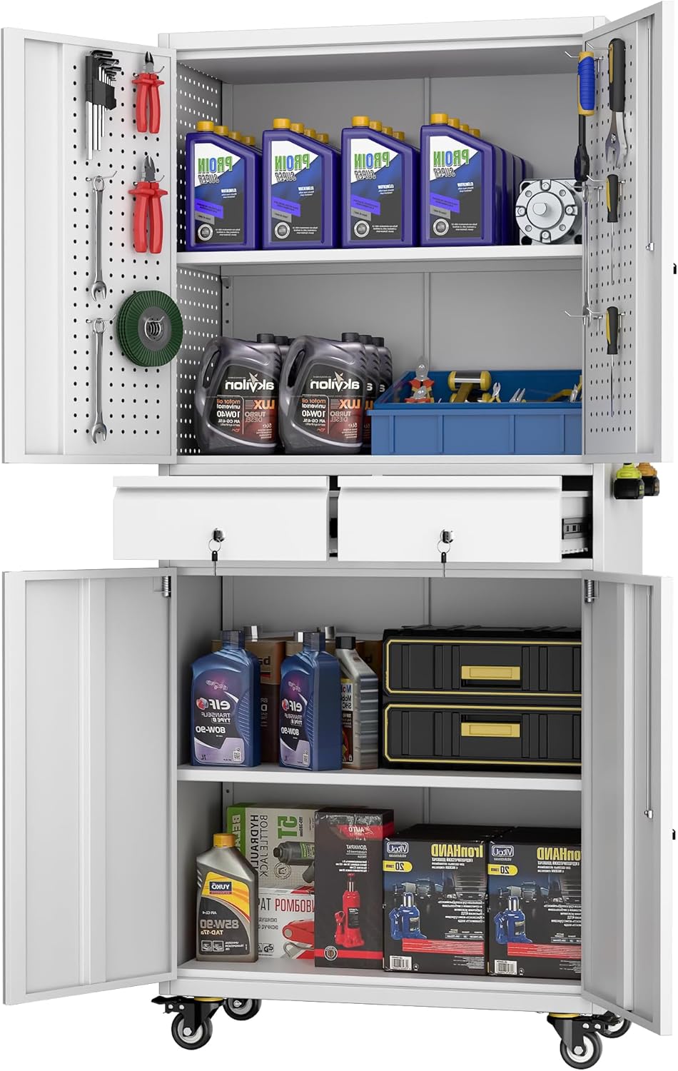 71" H Broom Storage Cabinet with Wheels and Doors,Rolling Tool Cabinet with Pegboard,Shelves and Rod for Garage Warehouse Home,Required Assembly,Black
