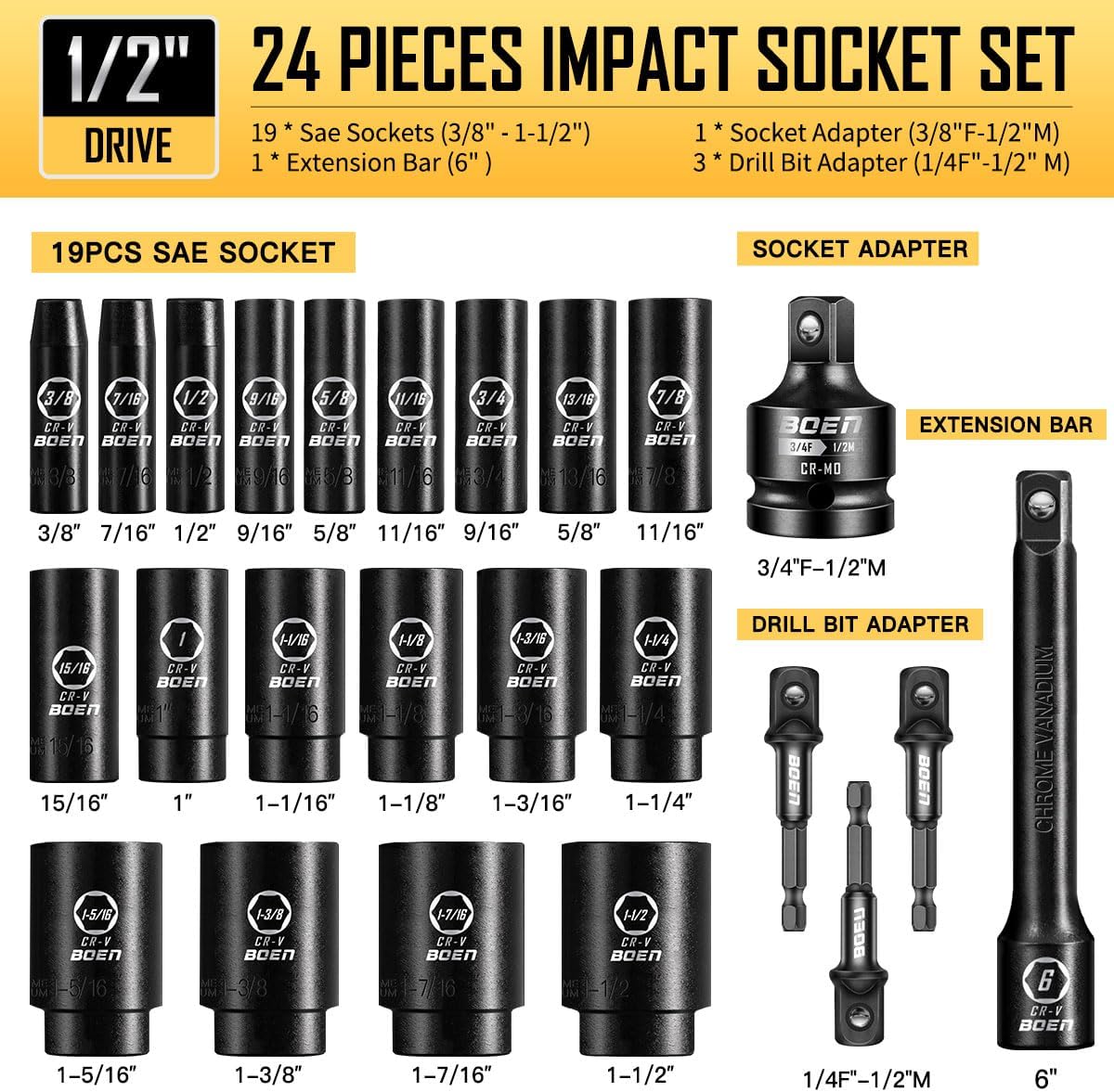 boen 1/2” Drive SAE Impact Socket Set, 3/8" to 1-1/2" Deep Socket, 6-Point Hex Socket with Portable Case, Rugged Construction, CR-V Steel, 24PCS