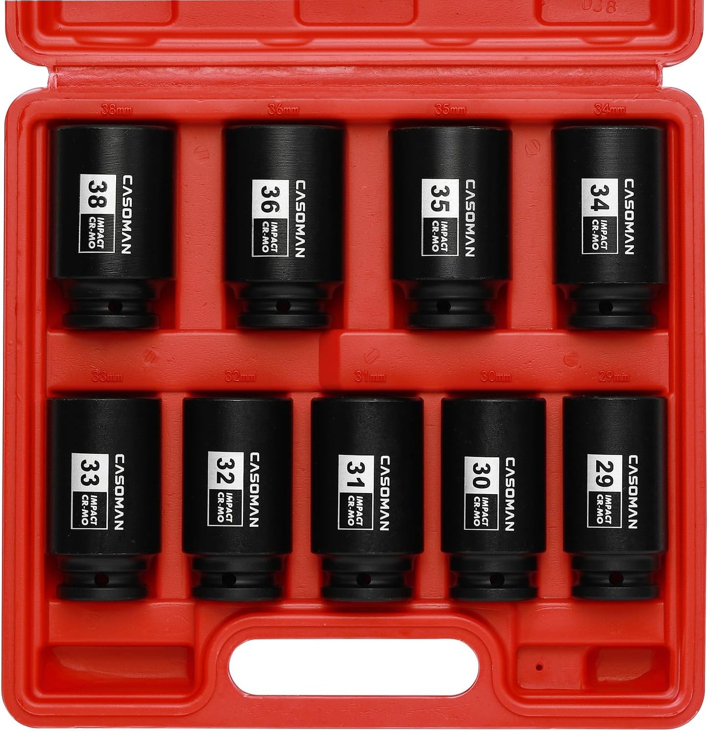 CASOMAN large socket set 1/2- Inch Drive Deep Spindle Axle Nut Impact Socket Set, 6 Point, CR-MO, Metric, 29mm-38mm, 9-Piece 1/2" Dr. Deep Impact Socket Set