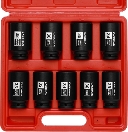 CASOMAN large socket set 1/2- Inch Drive Deep Spindle Axle Nut Impact Socket Set, 6 Point, CR-MO, Metric, 29mm-38mm, 9-Piece 1/2" Dr. Deep Impact Socket Set