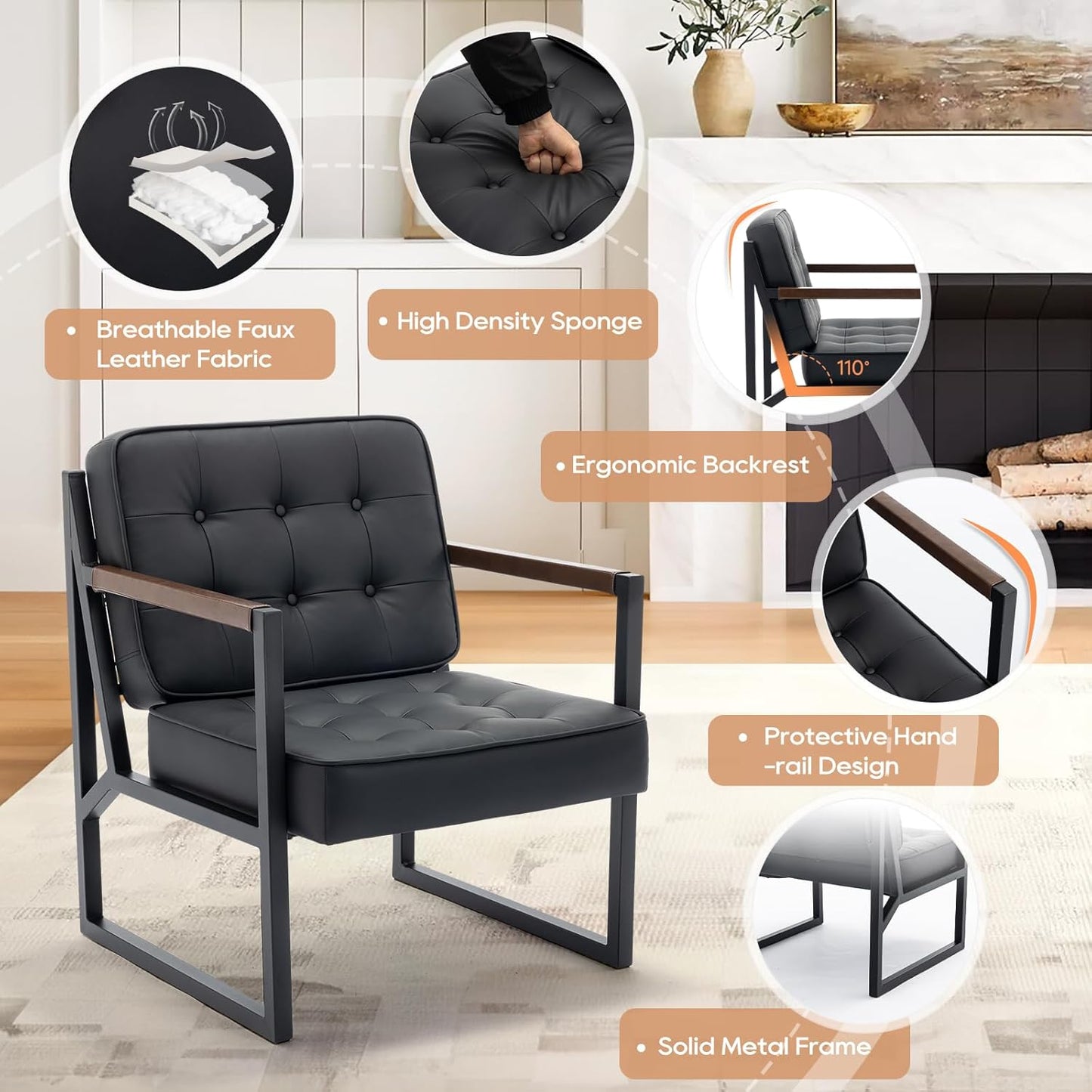 COLAMY Black Accent Chair Set of 2, Accent Arm Chair for Living Room, Comfy Leather Armchair with Metal Legs for Bedroom Reception Waiting Room