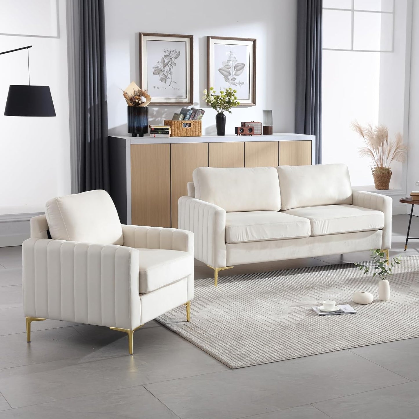 Velvet Accent Chairs Set of 2, Mid Century Modern Side Sofa Chair Comfy Upholstered Arm Chairs Living Room Set Furniture Bedroom Waiting Room Office with Gold Legs (Beige)