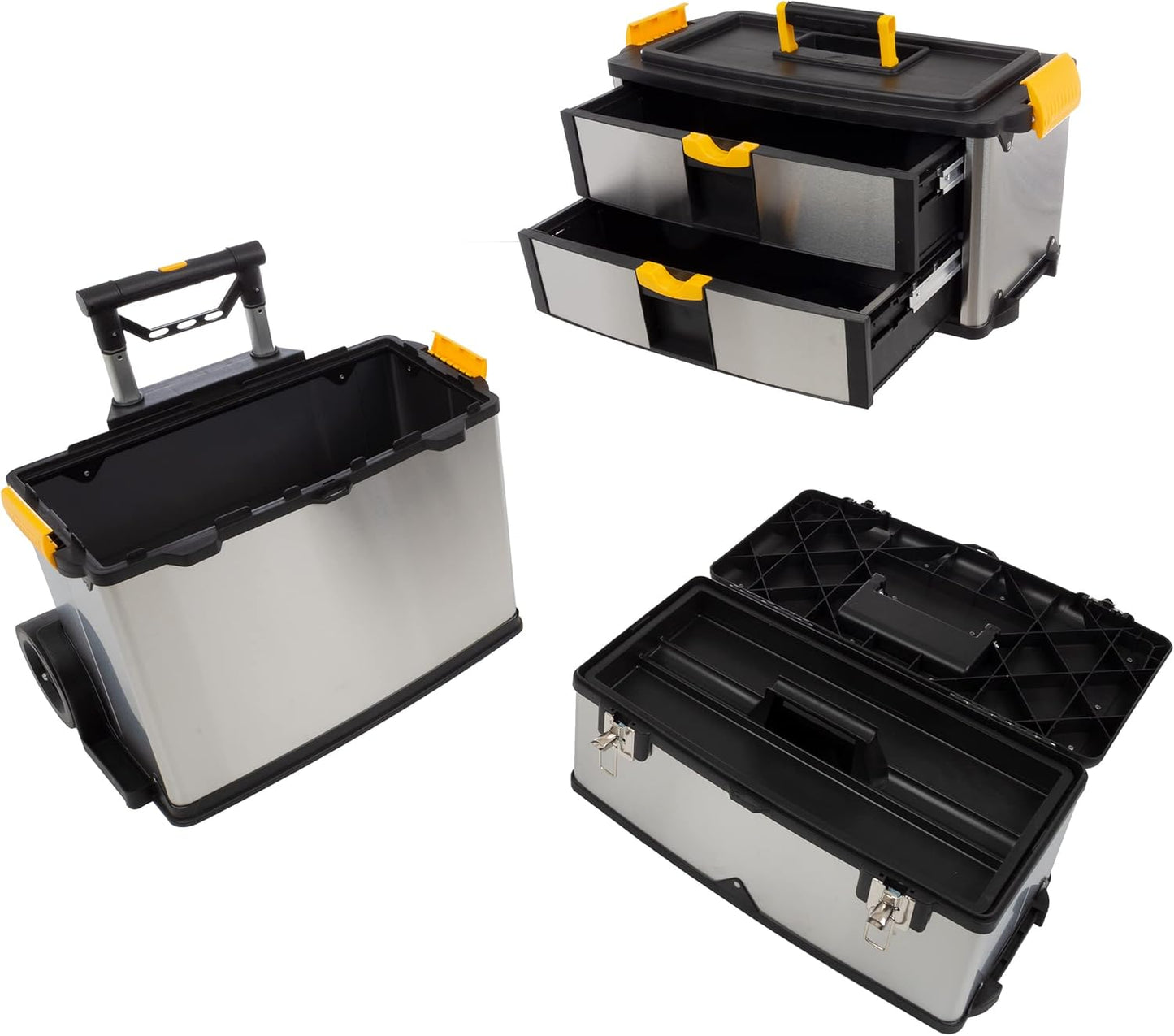 3-Part Portable Tool Box - Stainless-Steel Drawer Organizer with Wheels, Extendable Handle and Tough Latches - Rolling Tool Chest by Stalwart (Silver)