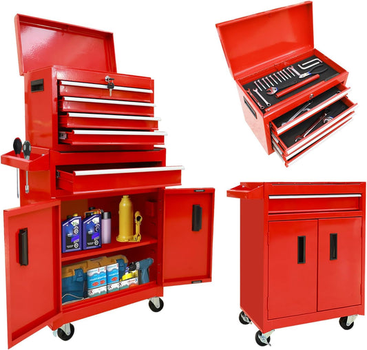 Torin 5-Drawer Rolling Tool Chest: Metal Tool Box with Wheels, Removable Top Tool Box, Liner, Adjustable Shelf and Locking Mechanism for Garage Workshop,Red