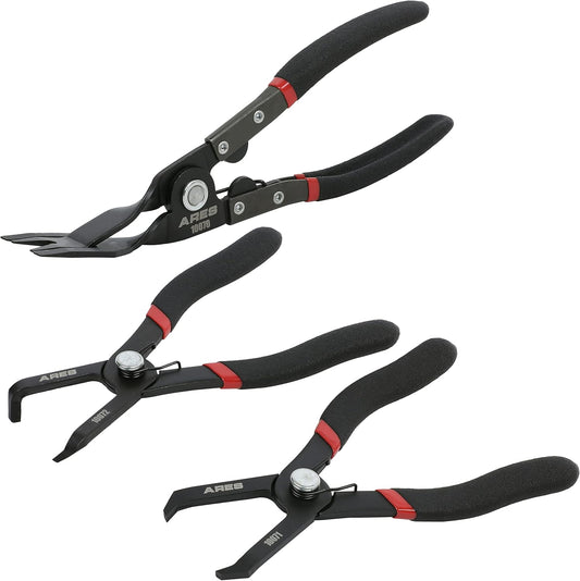 ARES 10074 – 3-Piece Push Pin and Trim Clip Removal Pliers Set – 30 Degree, 80 Degree, and Lift Action Pliers - Removes Push Pin and Press in Trim Clip Style Fasteners - Protects Trim and Fasteners