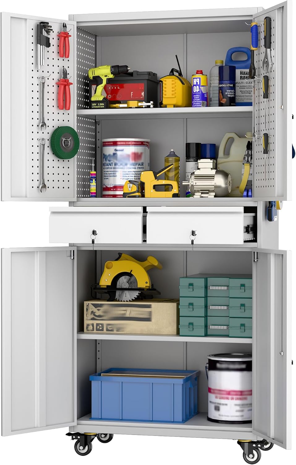 71" H Broom Storage Cabinet with Wheels and Doors,Rolling Tool Cabinet with Pegboard,Shelves and Rod for Garage Warehouse Home,Required Assembly,Black