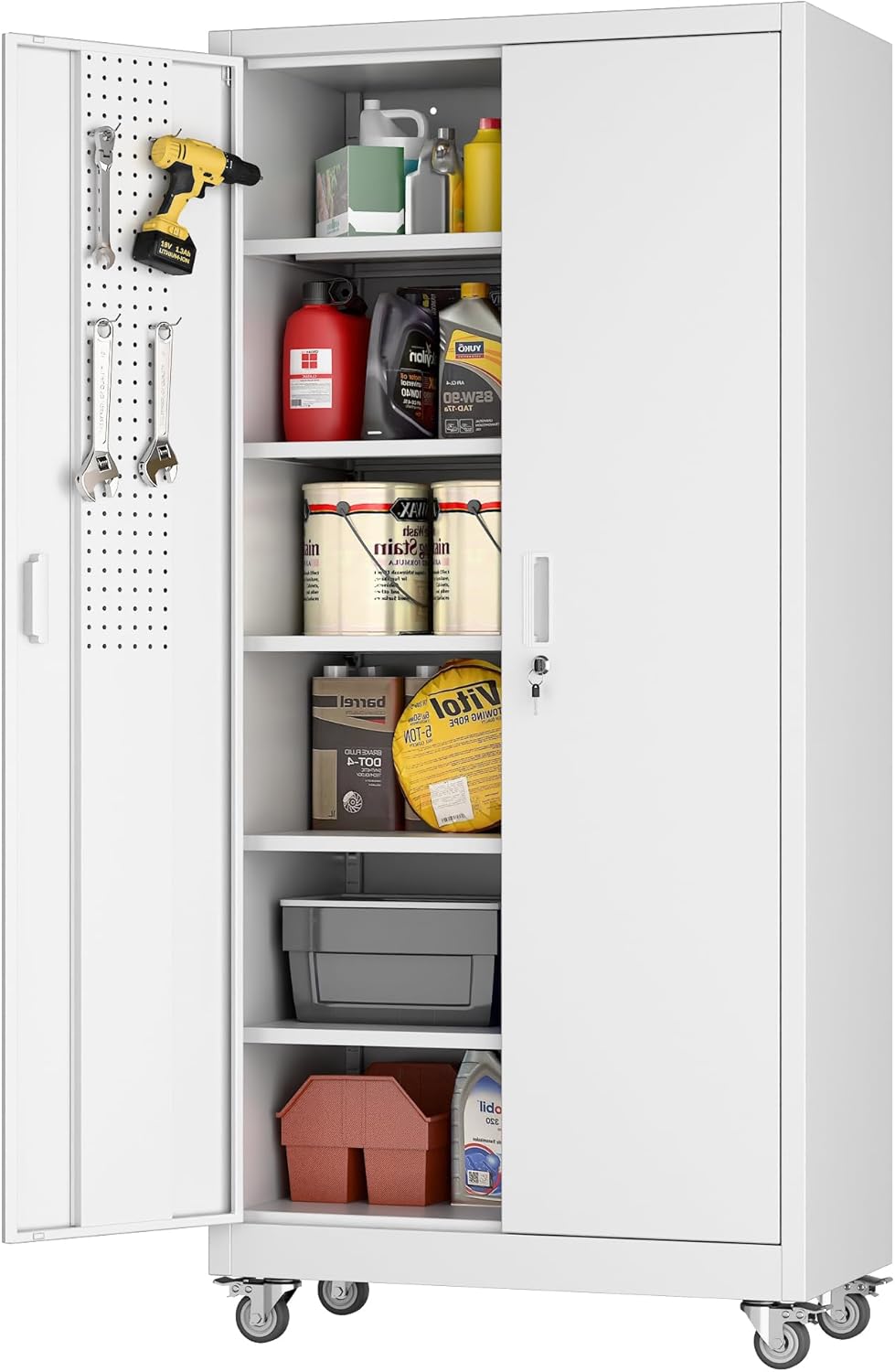 71" H Broom Storage Cabinet with Wheels and Doors,Rolling Tool Cabinet with Pegboard,Shelves and Rod for Garage Warehouse Home,Required Assembly,Black