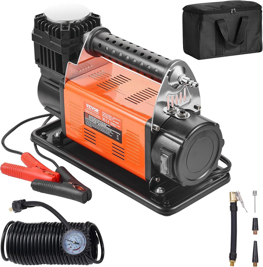VEVOR 12V Portable Tire Inflator, 7.06CFM Heavy Duty Air Compressor, 150PSI Offroad Air Pump with Adapters for Car SUV RV Truck - Include 6.5FT Power Cord, 26FT Air Hose with Pressure Gauge, Carry Bag