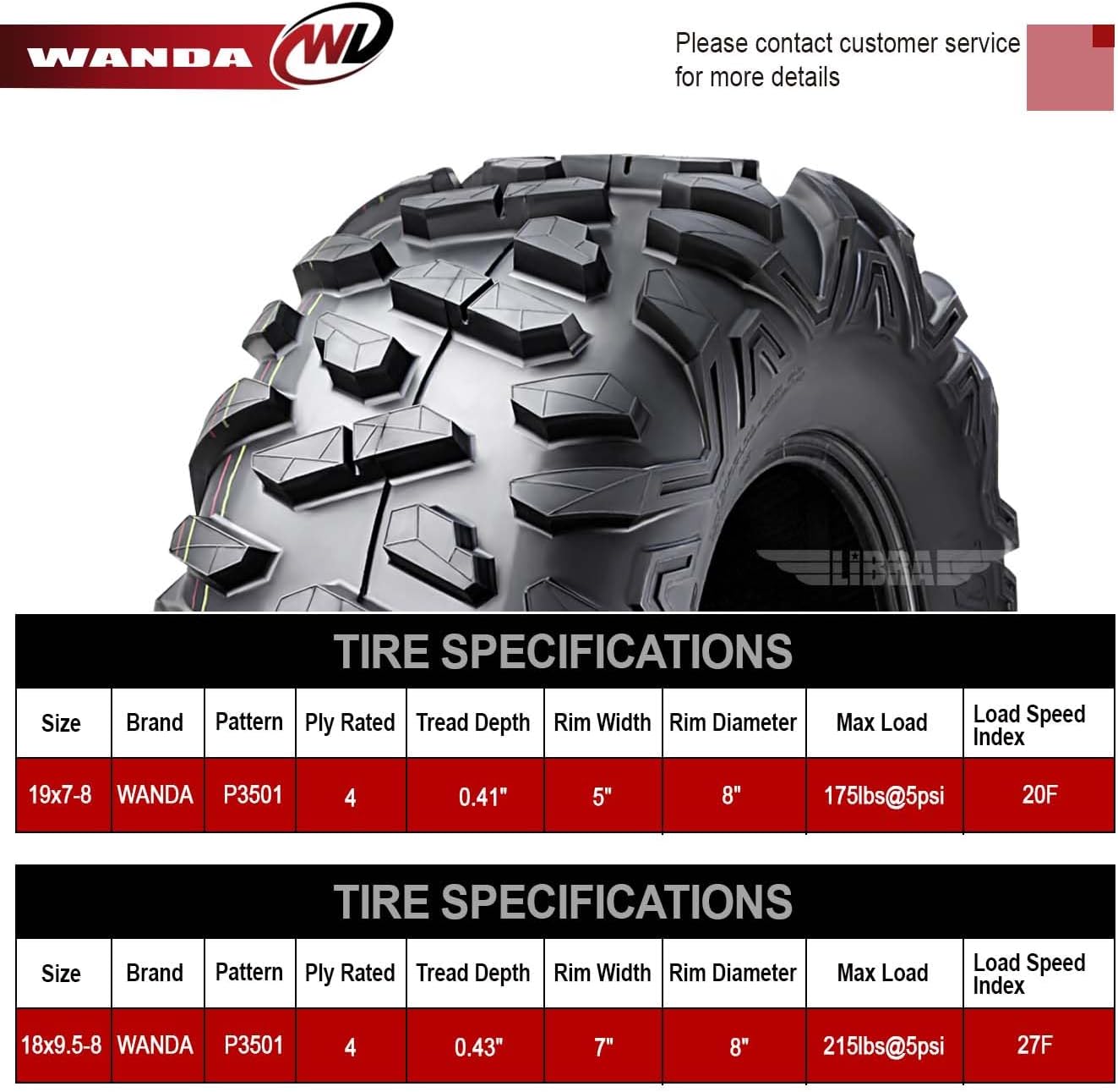 WANDA Set of 4 ATV tires 19x7-8 & 18x9.5-8 Big Horn Style fit for 2001-2014 Polaris Sportsman 90